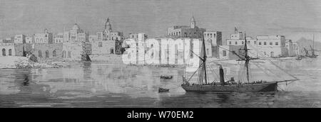 (Sudán Insurrección del Bajo dominio de Egipto) por el líder religioso sudanés llamado Mahdi 'Guía' Muhammad Ahmad bin Abd Allah, contra las Fuerzas del Jedivato de Egipto, y más tarde las Fuerzas británcas. Vista de Suakin, punto de desembarque en el Mar Rojo de la Columna de pacificadora Hicks-Paca. Grabado por Bernado Rico (1825-1894). La Ilustración Española y Americana, 22 de abril de 1883. Stockfoto