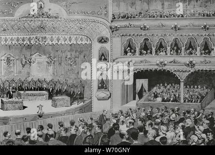 España. Galizien. Estado de Pontevedra. Vigo. "Juegos Florales". Celebrados en el Teatro, bajo la presidencia de Emilio Castelar. Dibujo de M. Alcázar. Grabado por Capuz. La Ilustración Española y Americana, 22 de Agosto de 1883. Stockfoto