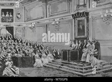 España. Madrid. Inaguración de la Real Academia de Jurisprudencia y Legislación. Sesión inagural del año académico, celebrada bajo la presidencia de SS. Mm.y SS. AA. RR., Los Reyes de España, Alfonso XII (1857-1885) y María Cristina de Habsburgo-Lorena (1879-1885), en el Nuevo edificio, el 25 de Noviembre de 1883. A la Izquierda del Rey Alfonso XII se encuentra El Principe heredero Friedrich Wilhelm Nikolaus Karl von Preuben (1831-1888), futuro Federico III de Alemania, de Visita a Madrid. Dibujo del Natürliche por Alcázar. Grabado por Rico. La Ilustración Española y Americana, 8 de November de Stockfoto