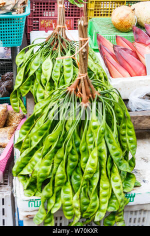 Parkia speciosa oder stinken Bohnen zum Verkauf auf dem Markt in der Stadt Phuket, Thailand Stockfoto