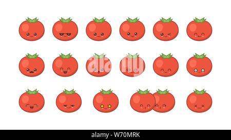 Tomate niedlich kawaii Maskottchen. Kawaii essen Set Gesichter Ausdrücke Emoticons Lächeln. Stock Vektor