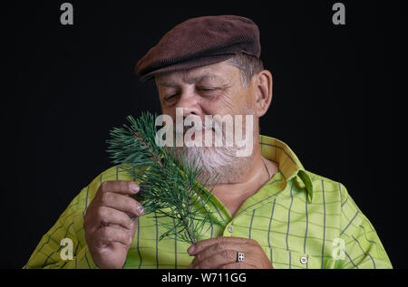 Nizza Low Key Portrait von einem nachdenklichen Kaukasischen bärtigen Senior bewundern Zweig der Kiefer Stockfoto