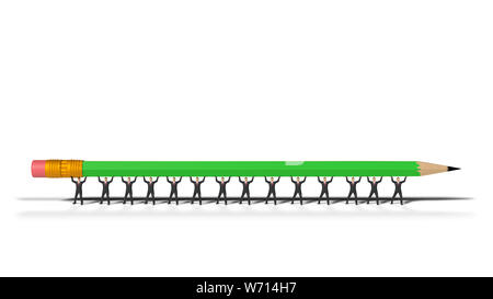 Viele Spielzeug miniatur Geschäftsmann Abbildung Anheben einer grünen Stift, Konzept auf weißem Hintergrund banner isoliert Stockfoto