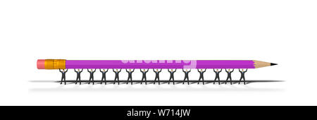 Viele Spielzeug miniatur Geschäftsmann Abbildung Anheben einer lila Bleistift, Konzept auf weißem Hintergrund banner isoliert Stockfoto