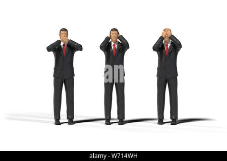 3 Miniatur Abbildung Geschäftsleute in drei Affen Pose auf weißem Hintergrund (nichts sehen, nichts böses hören, nichts böses sprechen) Stockfoto