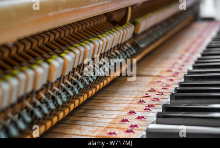 Details im Inneren des Klaviers mit Keyboards und Piano-string Stockfoto