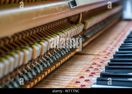 Details im Inneren des Klaviers mit Keyboards und Piano-string Stockfoto