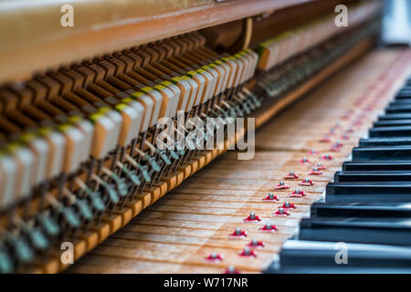 Details im Inneren des Klaviers mit Keyboards und Piano-string Stockfoto
