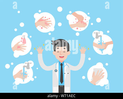 Händewaschen Schritt für Schritt info Grafik Arzt Charakter Medical Health Care Concept waschen, trocknen Hände Symbole auf hellblauem Hintergrund spülen. Stockfoto