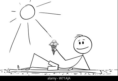Vektor cartoon Strichmännchen Zeichnen konzeptionelle Darstellung des Menschen liegen am Strand und genießen sonnigen Tag oder Sommer mit Eis in der Hand. Stock Vektor