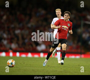 Daniel James von Manchester Utd in Aktion. Internationalen Champions Cup match, Manchester Utd v AC Mailand im Fürstentum Stadium in Cardiff am Samstag, den 3. August 2019. Dieses Bild dürfen nur für redaktionelle Zwecke verwendet werden. Nur die redaktionelle Nutzung, eine Lizenz für die gewerbliche Nutzung erforderlich. Keine Verwendung in Wetten, Spiele oder einer einzelnen Verein/Liga/player Publikationen. pic von Andrew Obstgarten/Andrew Orchard sport Fotografie/Alamy leben Nachrichten Stockfoto