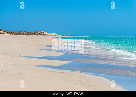 Lange und leeren Strand von Coral Bay blue sky und dem türkisfarbenen Wasser des Indischen Ozeans Stockfoto