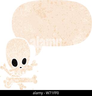 Cartoon Schädel und Knochen mit Sprechblase in grunge Distressed retro strukturierte Stil Stock Vektor