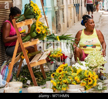 Havanna, Kuba - vom 25. Juli 2018: Frauen sitzen auf dem steets der Altstadt von Havanna Cube außerhalb einer Kirche verkaufen Blumensträuße außerhalb. Stockfoto