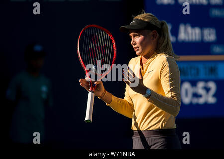 August 2, 2019: Donna Vekic (CRO) in Aktion, wo Sie besiegte Kristie Ahn (USA) 7-5, 6-0 im Viertelfinale der Mubadala Silicon Valley Klassiker an der San Jose State in San Jose, Kalifornien. © Mals Taam/TennisClix/CSM Stockfoto