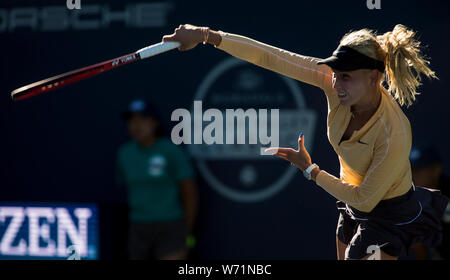 August 2, 2019: Donna Vekic (CRO) in Aktion, wo Sie besiegte Kristie Ahn (USA) 7-5, 6-0 im Viertelfinale der Mubadala Silicon Valley Klassiker an der San Jose State in San Jose, Kalifornien. © Mals Taam/TennisClix/CSM Stockfoto