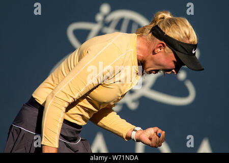 August 2, 2019: Donna Vekic (CRO) in Aktion, wo Sie besiegte Kristie Ahn (USA) 7-5, 6-0 im Viertelfinale der Mubadala Silicon Valley Klassiker an der San Jose State in San Jose, Kalifornien. © Mals Taam/TennisClix/CSM Stockfoto