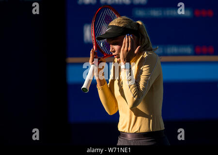 August 2, 2019: Donna Vekic (CRO) in Aktion, wo Sie besiegte Kristie Ahn (USA) 7-5, 6-0 im Viertelfinale der Mubadala Silicon Valley Klassiker an der San Jose State in San Jose, Kalifornien. © Mals Taam/TennisClix/CSM Stockfoto