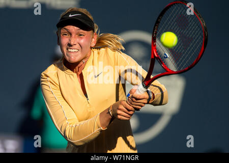 August 2, 2019: Donna Vekic (CRO) in Aktion, wo Sie besiegte Kristie Ahn (USA) 7-5, 6-0 im Viertelfinale der Mubadala Silicon Valley Klassiker an der San Jose State in San Jose, Kalifornien. © Mals Taam/TennisClix/CSM Stockfoto