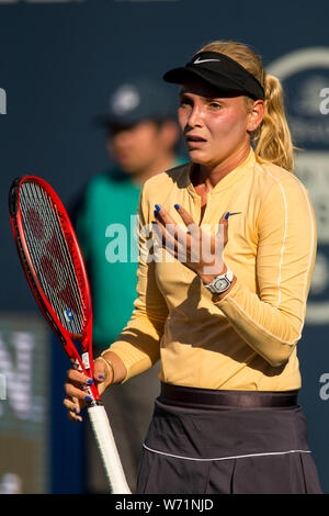 August 2, 2019: Donna Vekic (CRO) in Aktion, wo Sie besiegte Kristie Ahn (USA) 7-5, 6-0 im Viertelfinale der Mubadala Silicon Valley Klassiker an der San Jose State in San Jose, Kalifornien. © Mals Taam/TennisClix/CSM Stockfoto