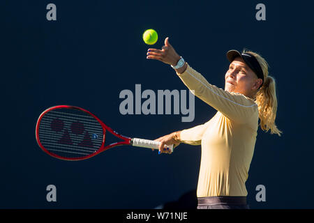 August 2, 2019: Donna Vekic (CRO) in Aktion, wo Sie besiegte Kristie Ahn (USA) 7-5, 6-0 im Viertelfinale der Mubadala Silicon Valley Klassiker an der San Jose State in San Jose, Kalifornien. © Mals Taam/TennisClix/CSM Stockfoto