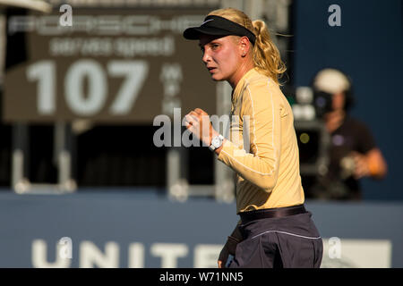 August 2, 2019: Donna Vekic (CRO) in Aktion, wo Sie besiegte Kristie Ahn (USA) 7-5, 6-0 im Viertelfinale der Mubadala Silicon Valley Klassiker an der San Jose State in San Jose, Kalifornien. © Mals Taam/TennisClix/CSM Stockfoto