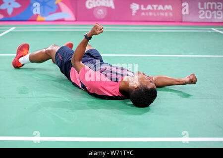 Lima, Peru. 04 Aug, 2019. 2. August 2019, Lima, Peru, Pan American Games, mens Badminton endgültig; National Sports Village - videna: Ygor Coelho von Brasilien feiert seinen Sieg Credit: Aktion Plus Sport Bilder/Alamy leben Nachrichten Stockfoto