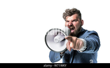 Porträt eines zornigen Führer schreien mit einem Megafon Stockfoto