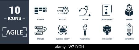 Agile Icon Set. Gefüllt flachbild Backlog, die geschäftliche Agilität, Schätzung, Moderation, Integration, Kanban, Refactoring, Scrum, Timebox, Geschwindigkeit Stock Vektor