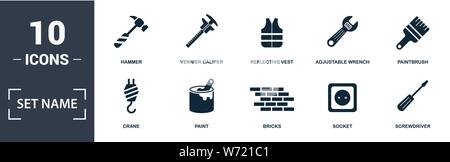 Construction Tools Symbol gesetzt. Gefüllt flach Pinsel, reflektierende Weste, Farbe, Rollgabelschlüssel, Kelle, Fenster Symbole. Bearbeitbaren Format Stock Vektor