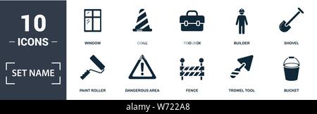 Construction Tools Symbol gesetzt. Gefüllt flache Schaufel, Farbroller, Schaufel, Kegel, Hammer, Buchse, Kran, Messschieber Symbole. Bearbeitbaren Format Stock Vektor