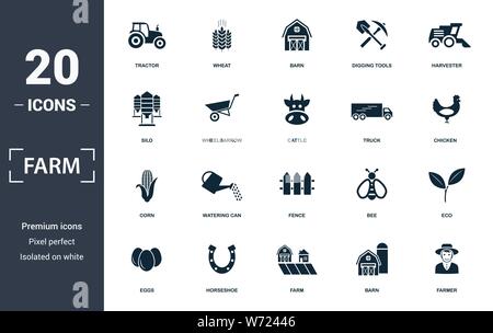 Bauernhof Icon Set. Gefüllt flachbild Traktor, Scheune, Harvester, Schubkarre, Lkw, Mais, Zaun Symbole. Bearbeitbaren Format Stock Vektor