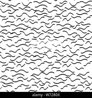 Wellenlinien Hand gezeichnet nahtlose Vektor Muster. Tinte Bürste Textur. Schwarze lockige Wellen auf weißem Hintergrund. Farbe pinselstrichen grunge Freihandzeichnen. Ein Stock Vektor