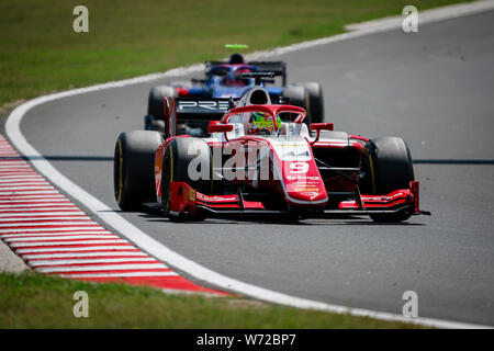 Prema Racing deutsche Rennfahrer Mick Schumacher konkurriert, während das zweite Rennen der FIA Formel 2 Meisterschaft auf dem Hungaroring in Budapest. Stockfoto