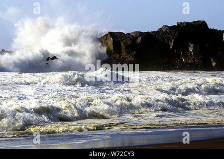 Blick über schwarze Lava Sand Strand und weiße Wut schäumende Wasser surfen auf Wellen, die gegen die Felsen bricht - Cobquecura Piedra de La Loberia, Pacific coas Stockfoto