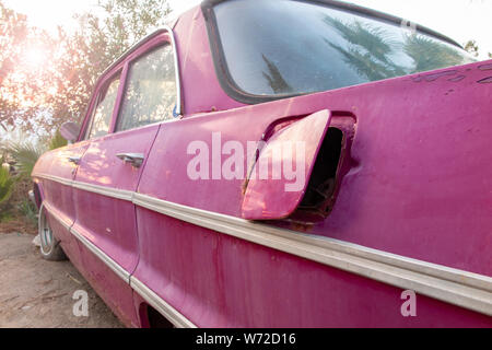 Eine am Kraftstofftank öffnen Tür eines schönen, aber verlassenen 60er Chevy Impala mit Unkraut wächst um Sie herum Stockfoto