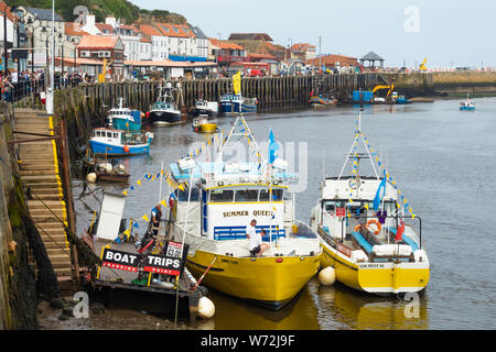 Gelbe Sportboote Sommer Queen und Esk Belle 3 und Fischerboote gebunden an die Fische Kai im Hafen whitby, North Yorkshire. Stockfoto