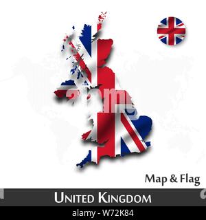 Vereinigtes Königreich von Großbritannien Karte und Flagge. Winkende Textildesign. Dot World Map Hintergrund. Vektor. Stock Vektor