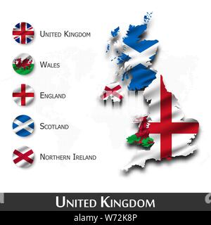 Vereinigtes Königreich von Großbritannien Karte und Flagge (Schottland. Nordirland. Wales. England). Winkende Textildesign. Dot World Map Hintergrund. Ve Stock Vektor