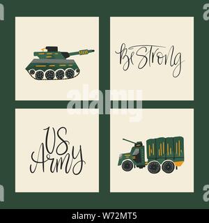 Militärische Vektorgrafiken. Armee Karten mit Abbildungen des Krieges Verkehr - Tank und Krieg Auto und Hand schrift Zitate - US-Armee. St werden. Stock Vektor