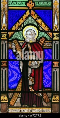 St. Andreas mit Saltire Kreuz, Glasfenster, Schutzpatron von Schottland, Heiligen, von Joseph Gewährung von Costessey 1856 Wighton, Norfolk Stockfoto