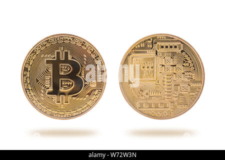 Bitcoin. Goldene Münze mit bitcoin Symbol auf weißem Hintergrund Stockfoto