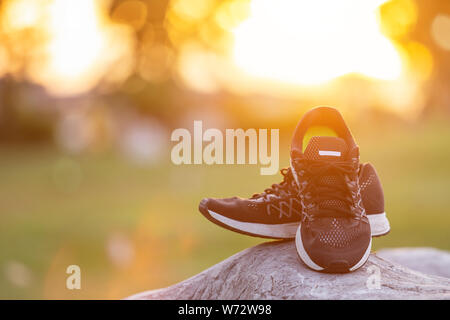 Close up neue Paare schwarz Schuhe/Sneaker Schuhe auf der grünen Wiese im Park bei Sonnenuntergang. Worm Ton, Sonnenlicht und lens flare Effekt w Stockfoto