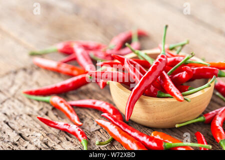 Schließen Sie herauf frische red hot chili auf hölzernen Tisch Hintergrund. Stockfoto