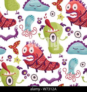 Cute cartoon Vektor nahtlose Muster mit niedlichen andere Farbe Monster in einem flachen Stil. Stock Vektor