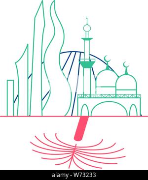 Umrisse Symbole Stil Dubai Stadtbild auf einem weißen Hintergrund. Vector Illustration in Blau und Rot Stock Vektor