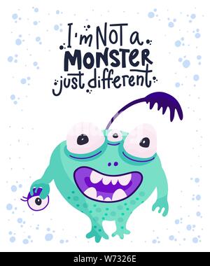Cute cartoon Vektor Monster in einem flachen Stil. Fröhliches Kind Karte mit Monster Schriftzug Zitat auf einem weißen Hintergrund. Ich bin kein Monster, nur anders. Stock Vektor