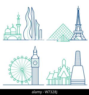 Reisen Symbole gesetzt. Themed Symbole in London, Paris, Bangkok und Dubai lineare Symbole Sammlung. Showplace isoliert Vector Illustration Stock Vektor