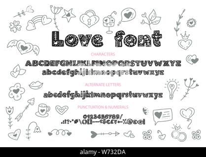 Dekorative valentines Display Font mit Herzen. Alphabet vektor Kalligraphie Zeichen und doodles. Schreiben Vektor einrichten. Detaillierte skandinavischen Hand liebe Zeichnen Stock Vektor