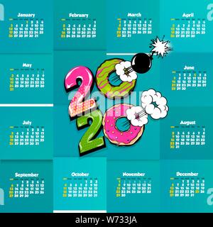 2020 Comic Text Vorlage Kalender pop art Stock Vektor